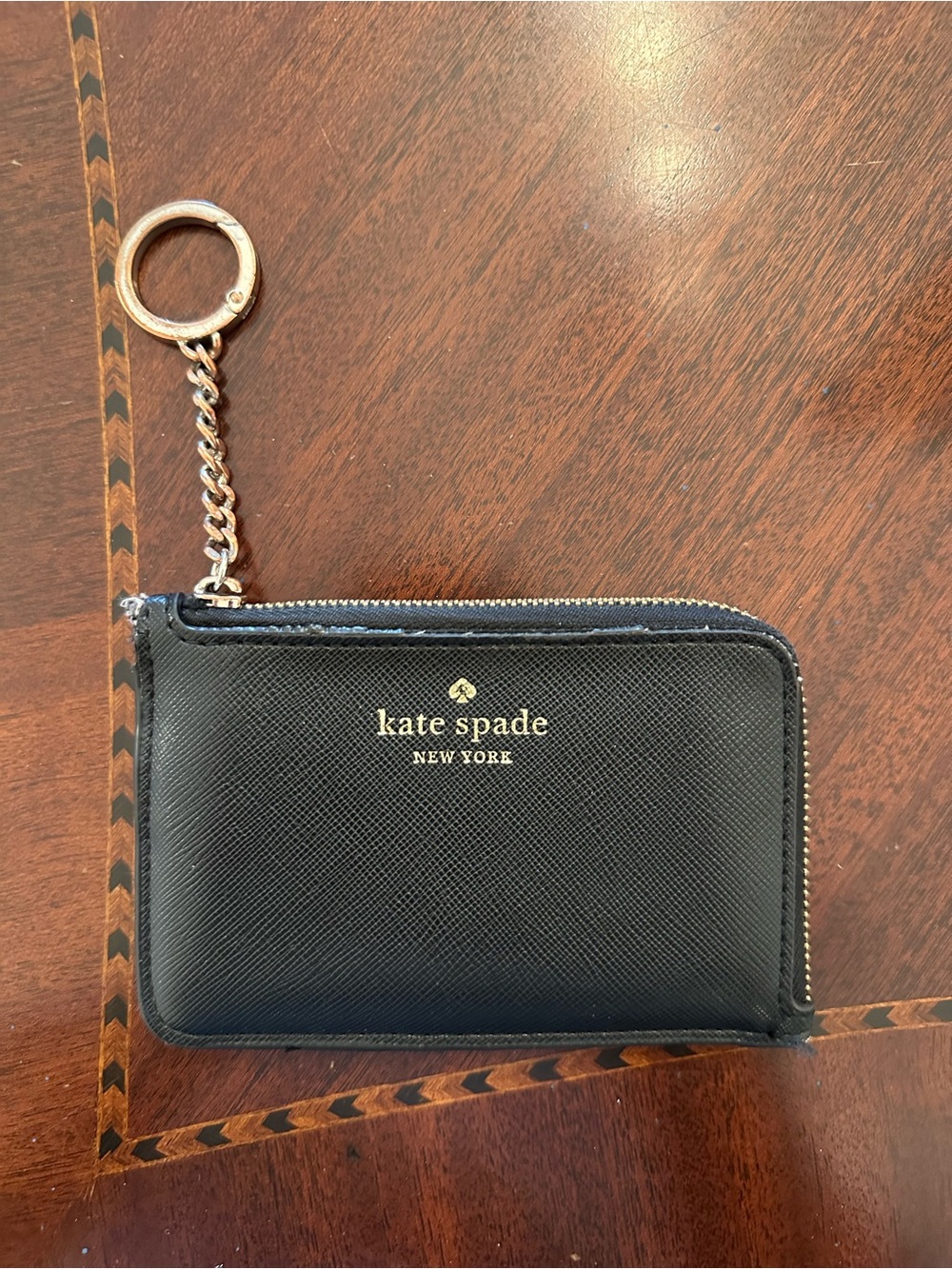 kate spade black leather zip key pouch with gold chain